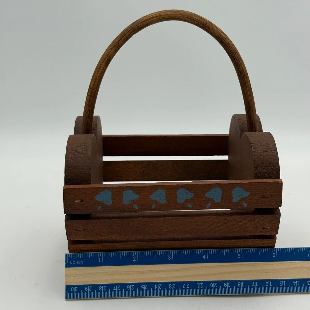 Vintage Wooden Heart Basket Small Rustic Slatted Crate Blue Floral Hand Painted